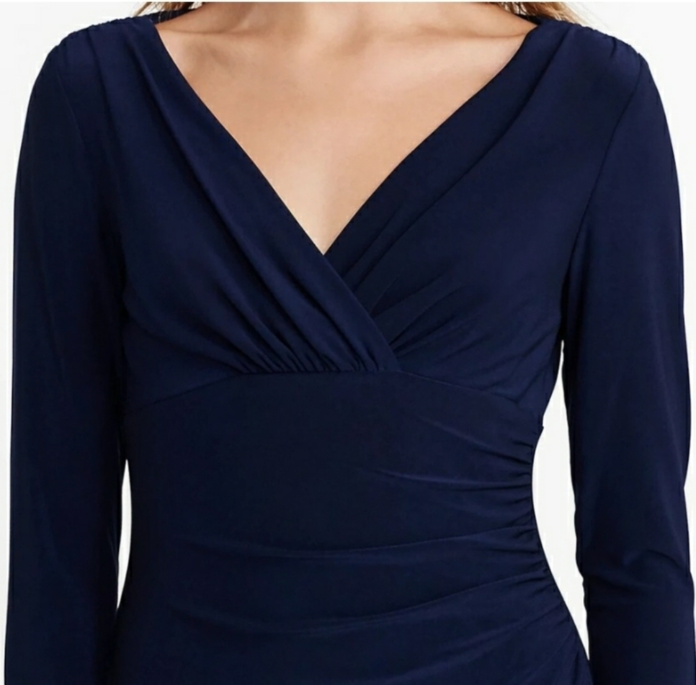 Ralph Lauren Navy Blue Faux Wrap Jersey Long Sleeve Dress Stretchy Size 14 - Picture 4 of 13